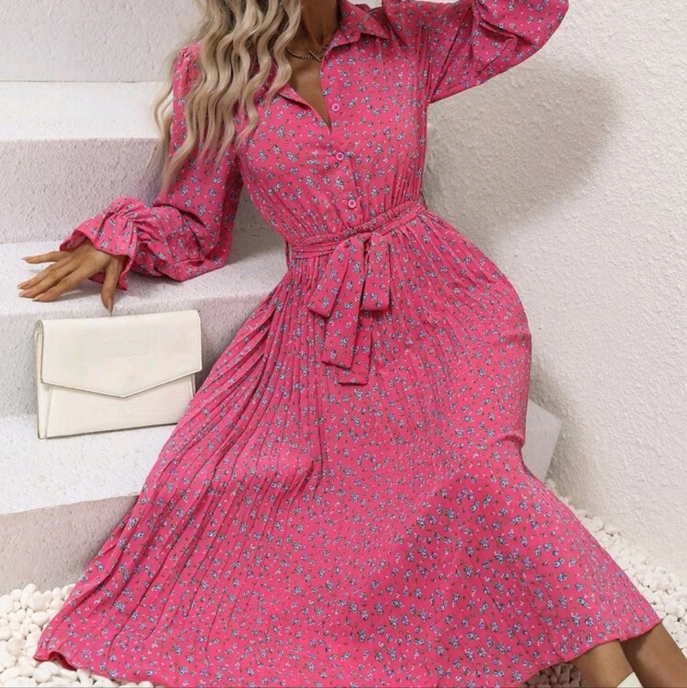 New Ditsy Floral Flounce Sleeve Pleated Hem Belted Shirt Dress XL